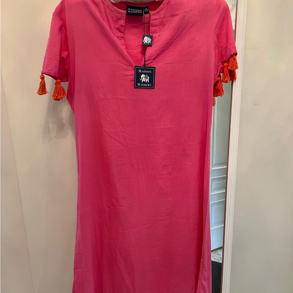 Pink Madison Matthews shift dress with orange tassles on the arms/along hemline!